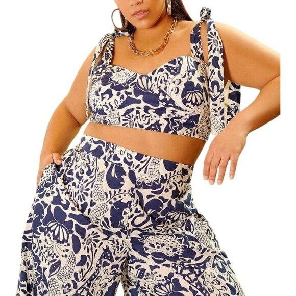 Eloquii Crop Top Tie Shoulder Floral Printed Blue & White Size 24 Summer Fun - Picture 2 of 10